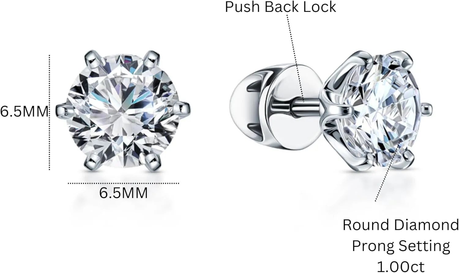 1.00ct Round Diamond Stud Earring, 14k White Gold Solitaire Stud, Six-Prong Sterling Silver Setting, Brilliant Gift for Women.