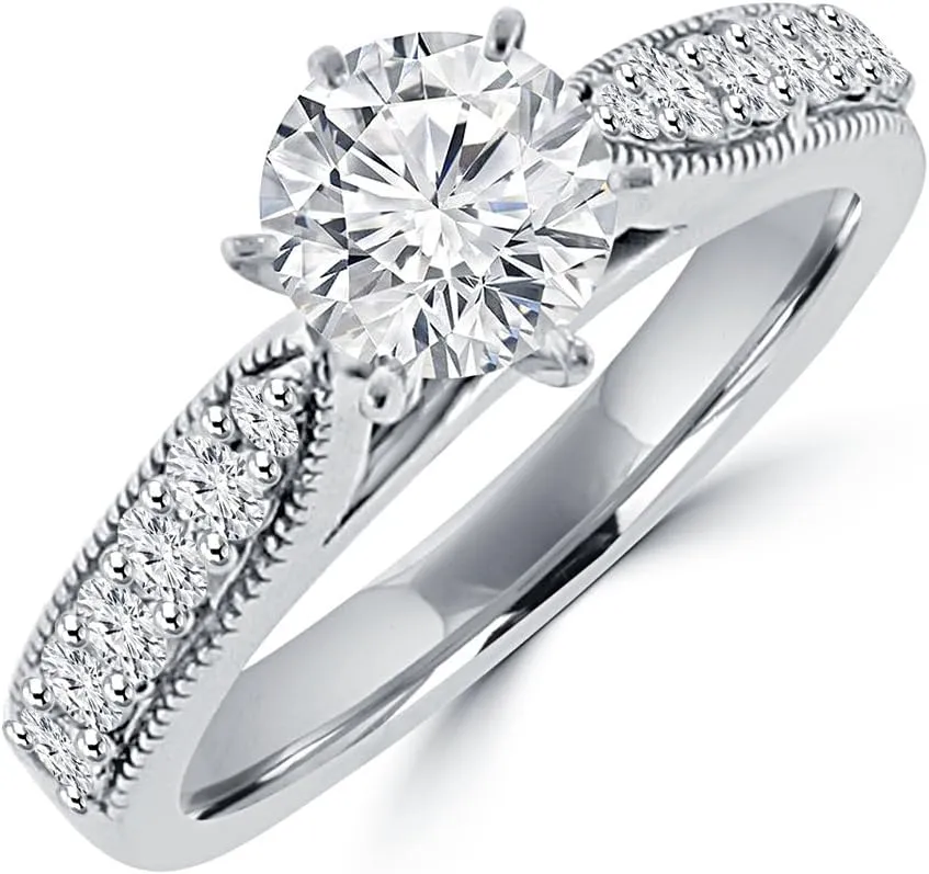 1.45 ct Round Cut Diamond Engagement Ring Whit Millgrain on The Shank in Platinum