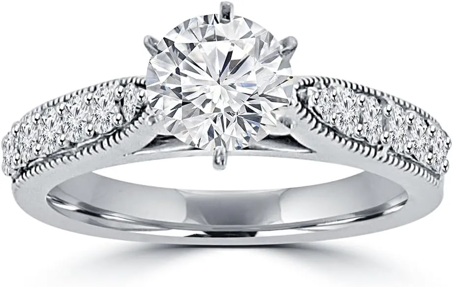 1.45 ct Round Cut Diamond Engagement Ring Whit Millgrain on The Shank in Platinum