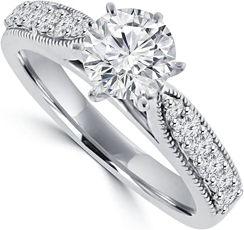 1.45 ct Round Cut Diamond Engagement Ring Whit Millgrain on The Shank in Platinum