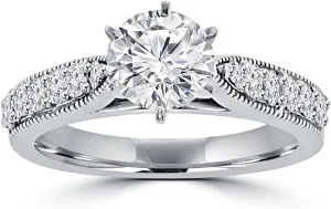 1.45 ct Round Cut Diamond Engagement Ring Whit Millgrain on The Shank in Platinum