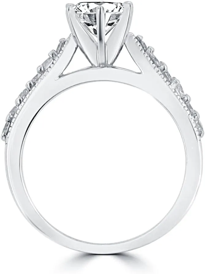 1.45 ct Round Cut Diamond Engagement Ring Whit Millgrain on The Shank in Platinum