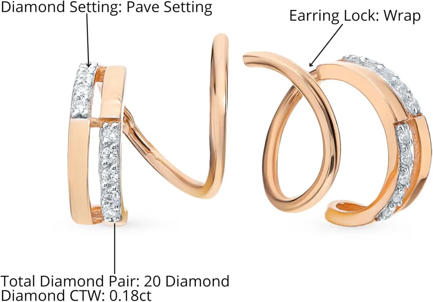 14k Gold Pav Diamond(0.18ct) Spiral Threader Earrings, Claw Wrap Earrings for Women, Minimalist Wedding Jewelry, Dainty Gift Her.