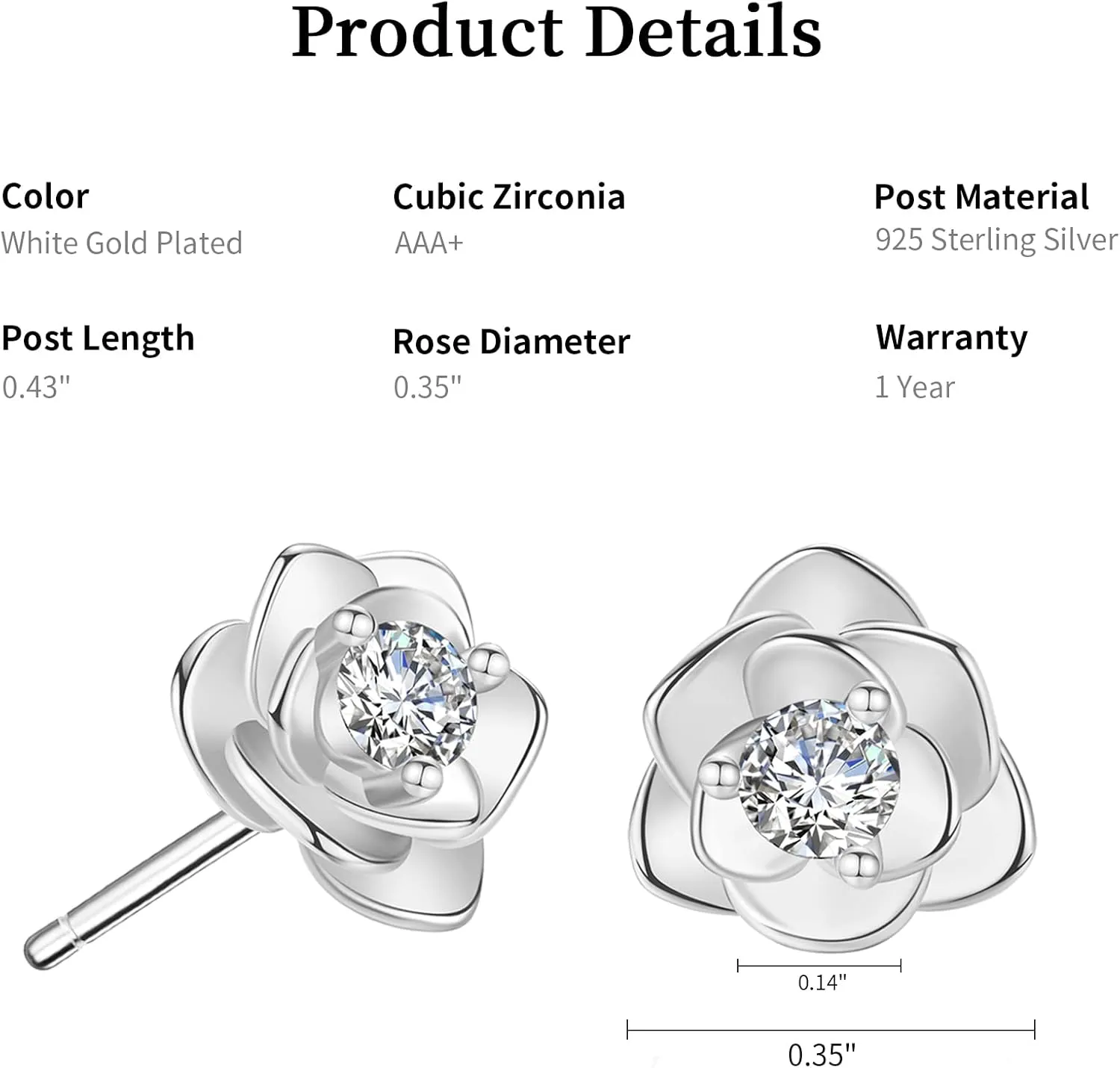 14K Gold Plated 925 Sterling Silver Post Cubic Zirconia Rose Flower Stud Earrings for Women | Hypoallergenic & Nickel Free Earrings for Women