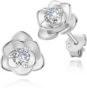 14K Gold Plated 925 Sterling Silver Post Cubic Zirconia Rose Flower Stud Earrings for Women | Hypoallergenic & Nickel Free Earrings for Women