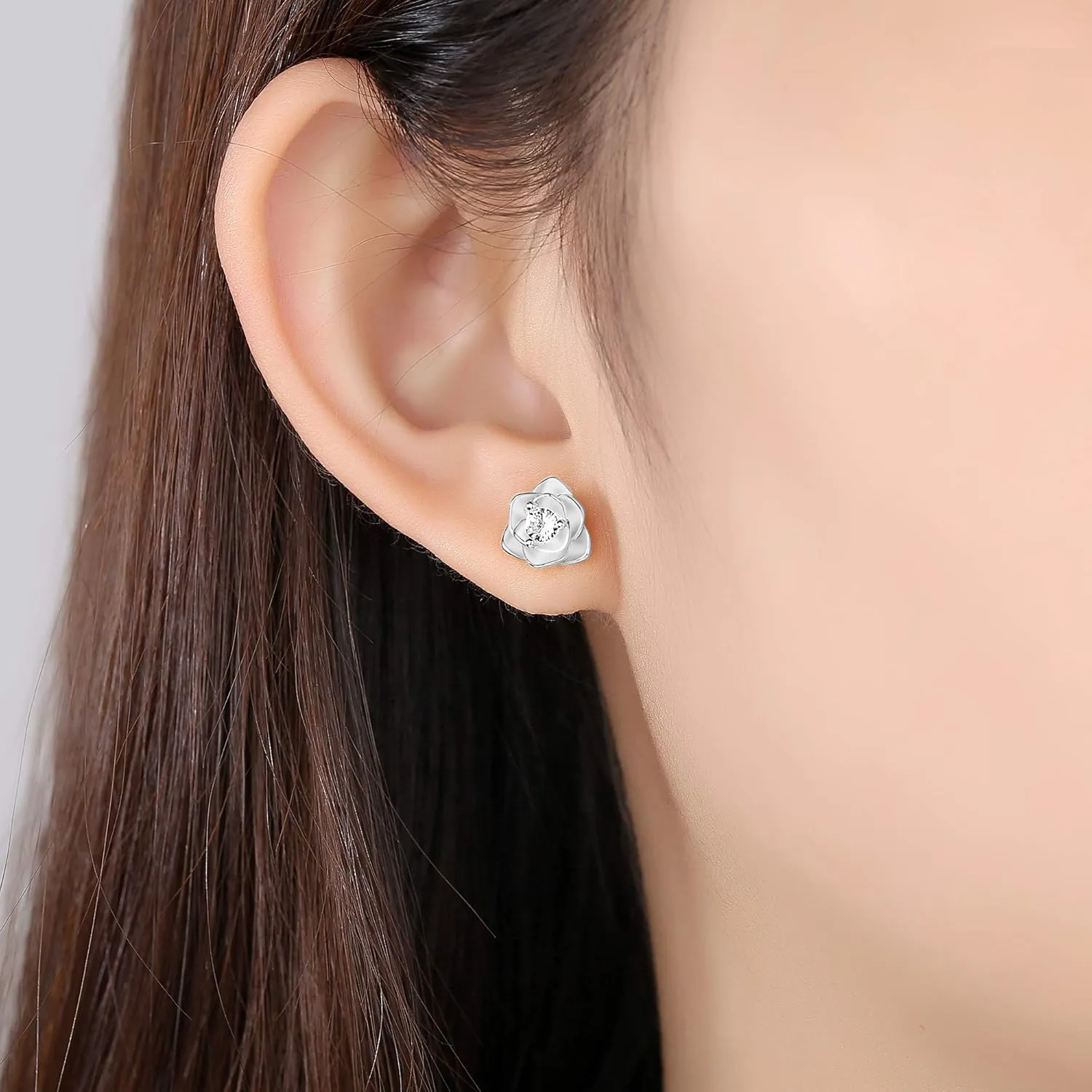 14K Gold Plated 925 Sterling Silver Post Cubic Zirconia Rose Flower Stud Earrings for Women | Hypoallergenic & Nickel Free Earrings for Women