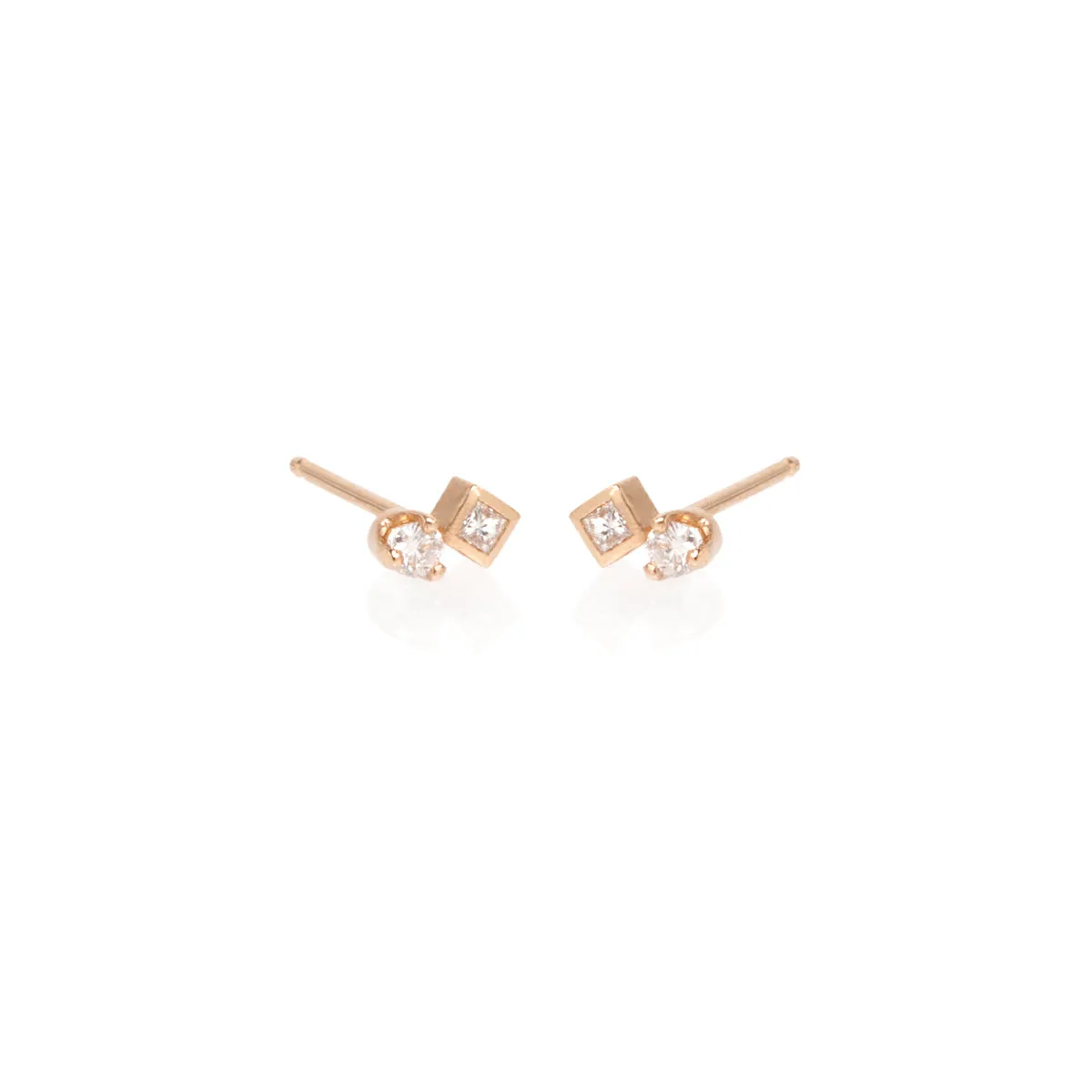 14k Mixed Round & Princess Diamond Studs
