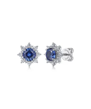 14K White Gold Diamond and Blue Sapphire Starburst Stud Earrings