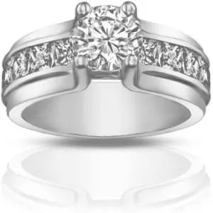 1.50 ct Ladies Round Cut Diamond Engagement Ring with Princess Cut's On The Side in Platinum