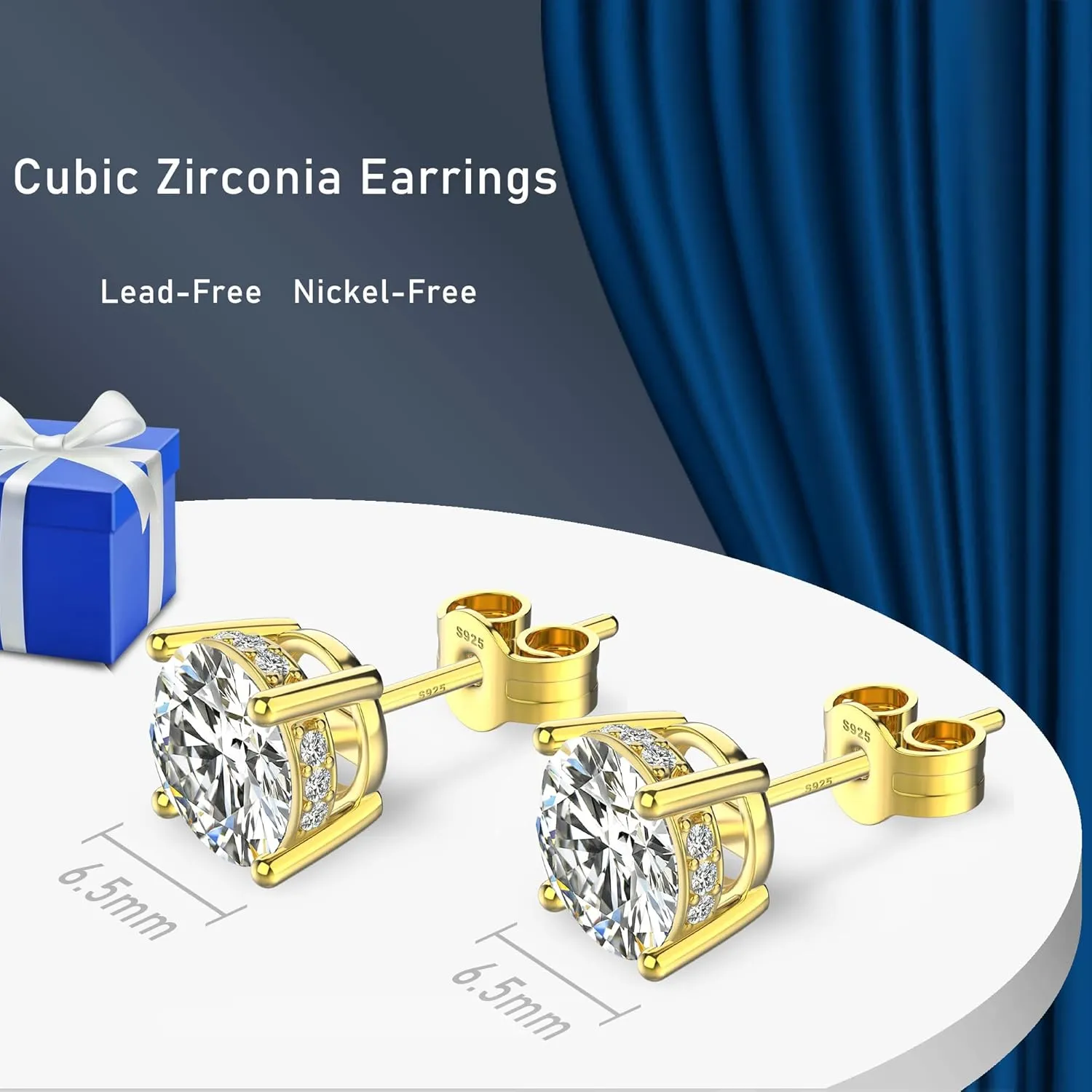 18K White Gold Plated Round Cubic Zirconia Simulated Diamond Stud Earrings Solid Sterling Silver Post Sparkly CZ Studs Earrings for Women Men