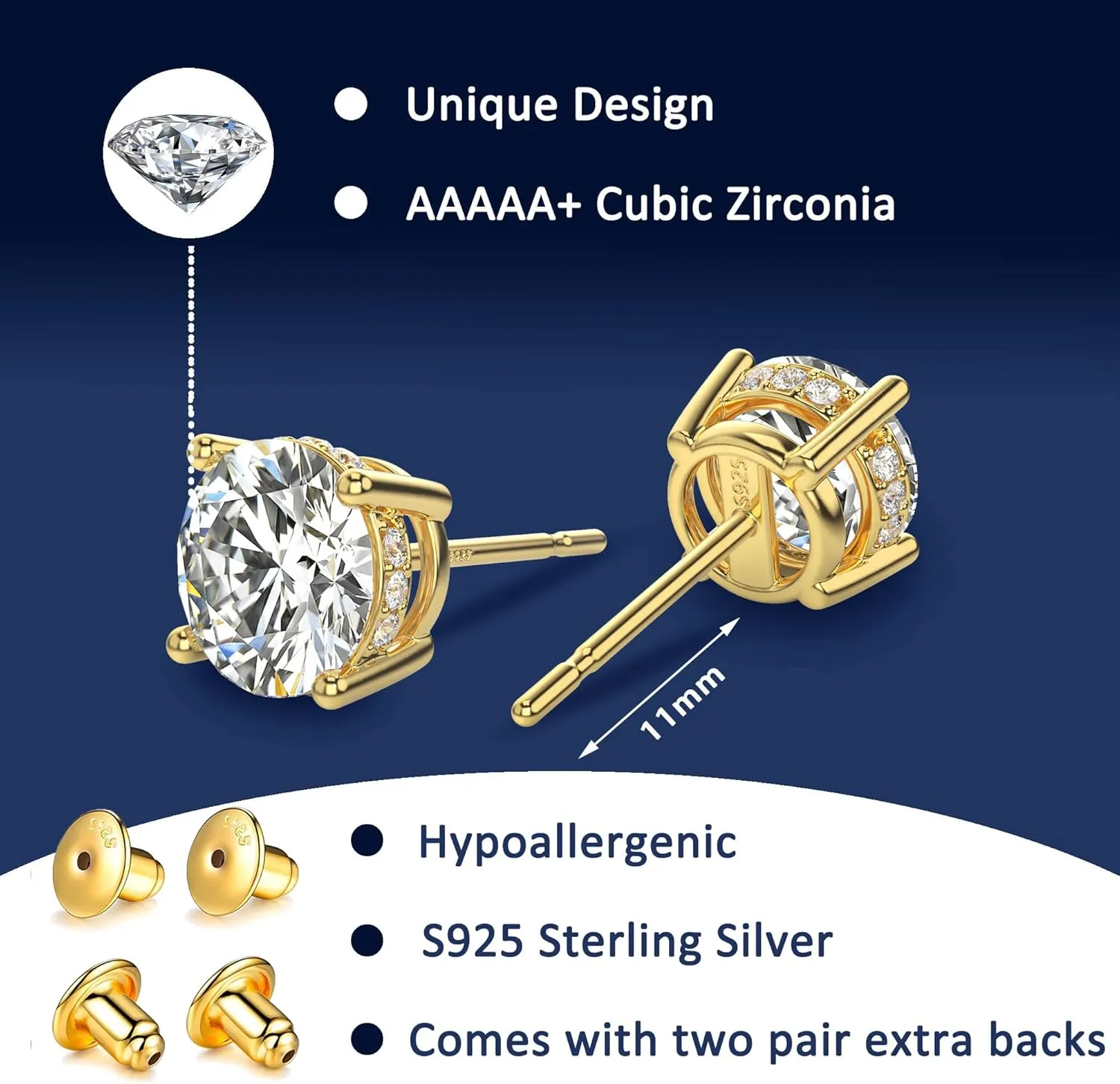 18K White Gold Plated Round Cubic Zirconia Simulated Diamond Stud Earrings Solid Sterling Silver Post Sparkly CZ Studs Earrings for Women Men