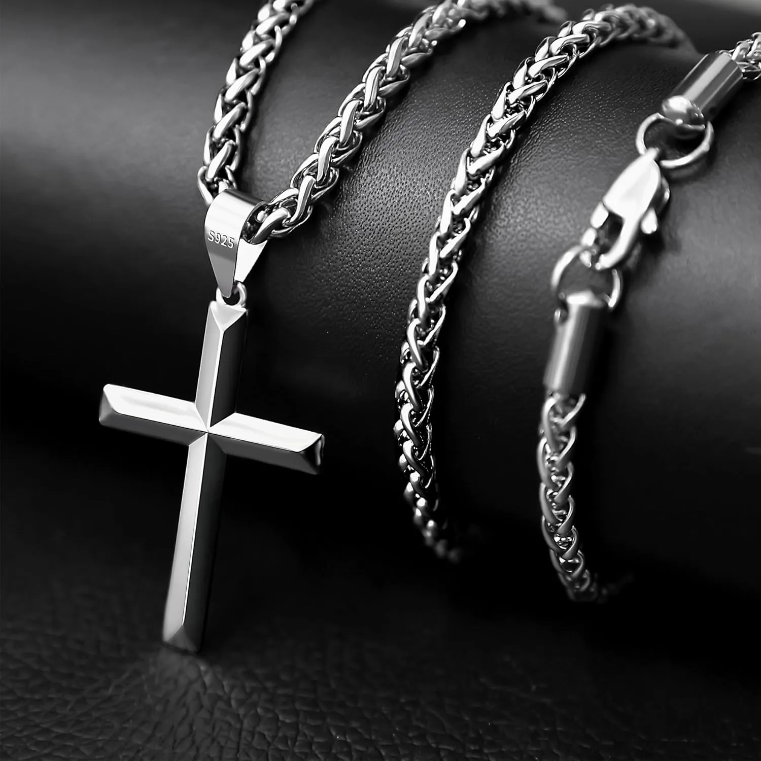 925 Sterling Silver Cross Necklace for Men Women 4mm Stainless Steel Strong Durable Wheat Chain 18K White Gold Plated Beveled Edge Cross Pendant Necklace Jewelry 16-28 Inches