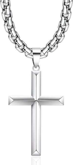 925 Sterling Silver Cross Necklace for Men Women with 4mm Durable Stainless Steel Rolo Chain Necklace 18K White Gold Plated Cross Pendant Necklace Jewelry 16-26 Inches