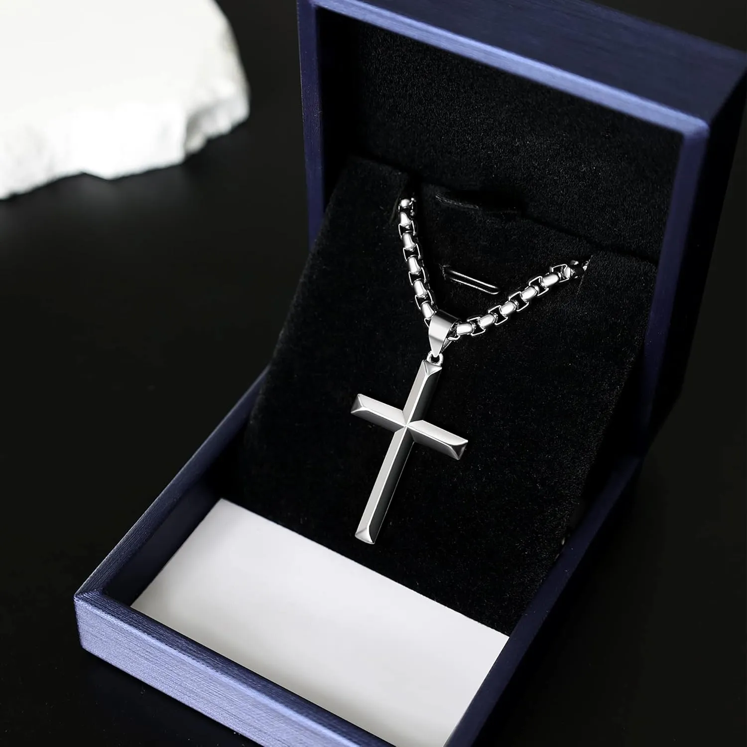 925 Sterling Silver Cross Necklace for Men Women with 4mm Durable Stainless Steel Rolo Chain Necklace 18K White Gold Plated Cross Pendant Necklace Jewelry 16-26 Inches