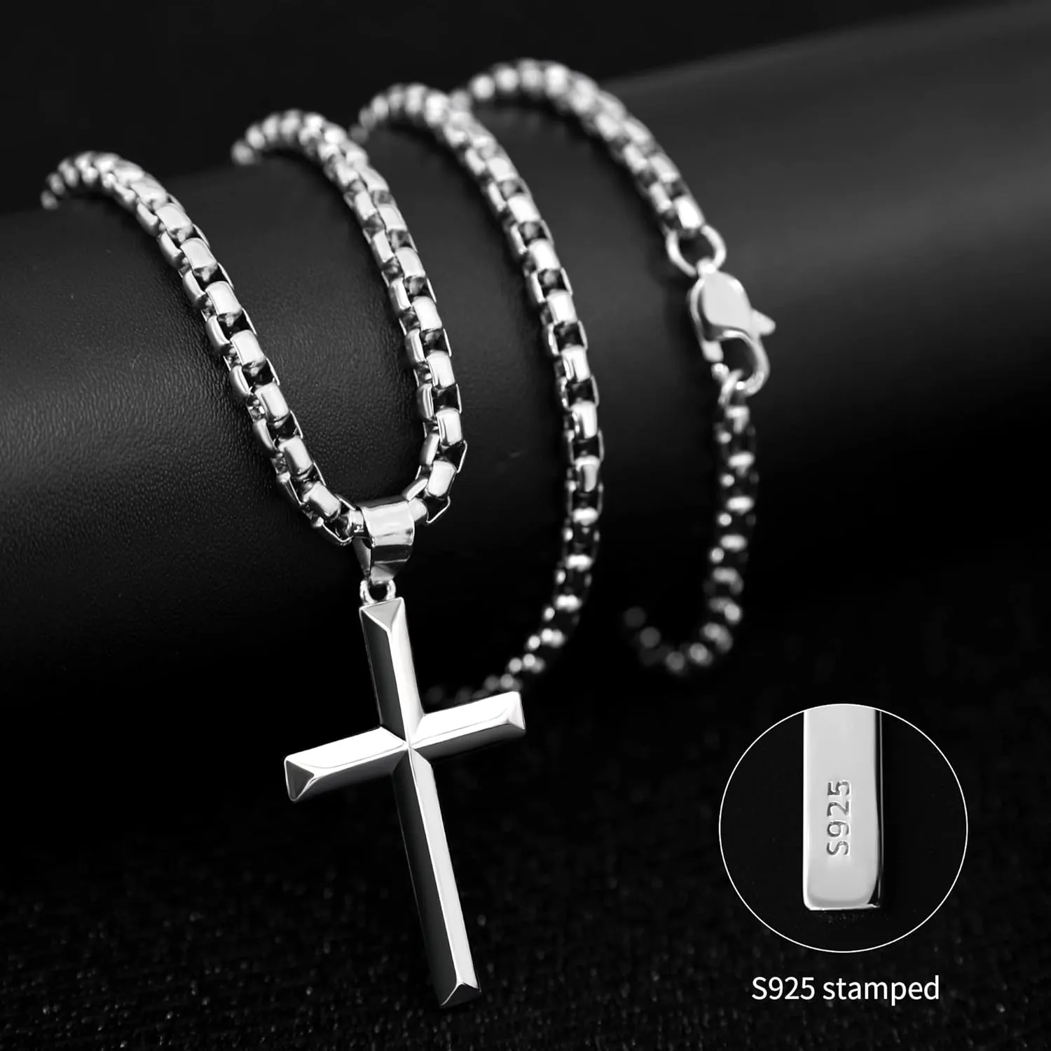 925 Sterling Silver Cross Necklace for Men Women with 4mm Durable Stainless Steel Rolo Chain Necklace 18K White Gold Plated Cross Pendant Necklace Jewelry 16-26 Inches