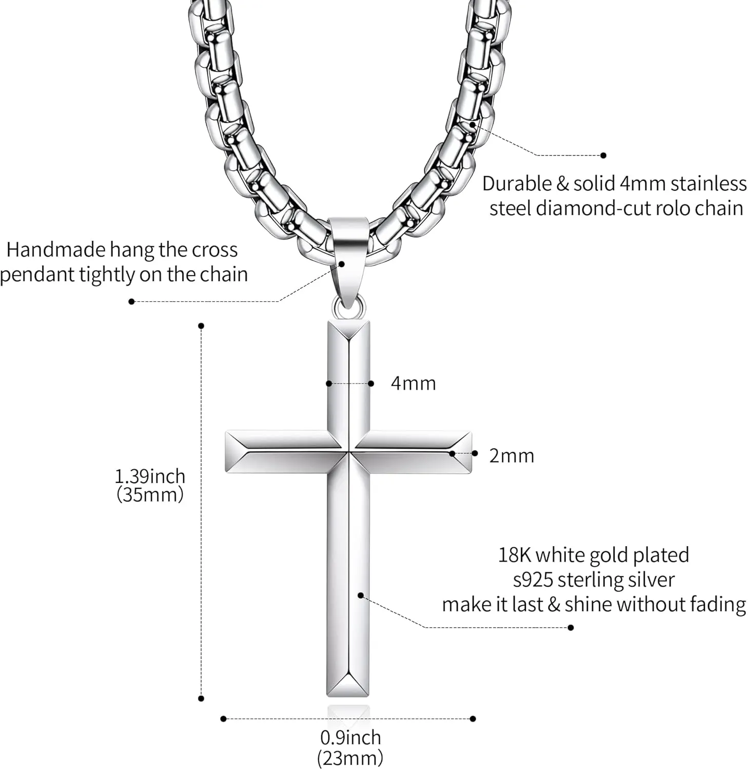 925 Sterling Silver Cross Necklace for Men Women with 4mm Durable Stainless Steel Rolo Chain Necklace 18K White Gold Plated Cross Pendant Necklace Jewelry 16-26 Inches