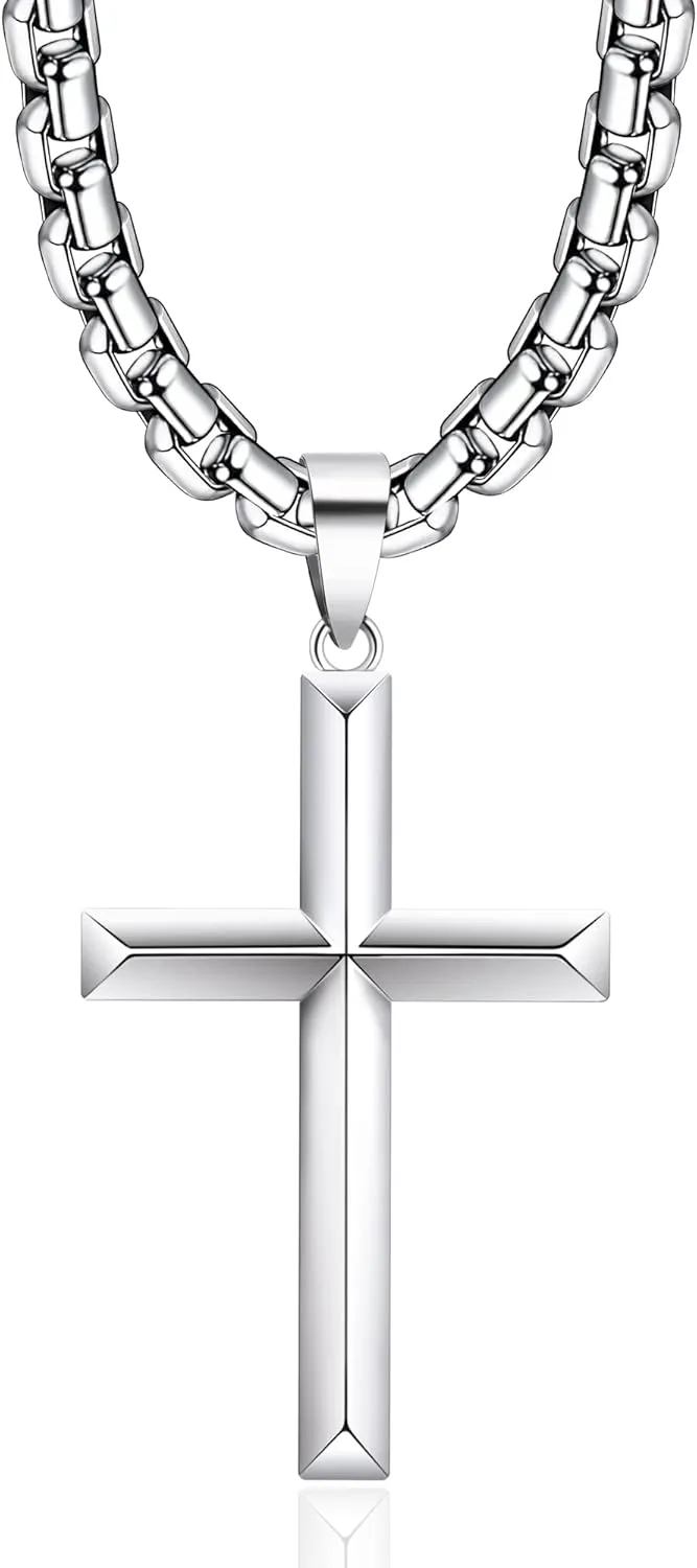 925 Sterling Silver Cross Necklace for Men Women with 4mm Durable Stainless Steel Rolo Chain Necklace 18K White Gold Plated Cross Pendant Necklace Jewelry 16-26 Inches