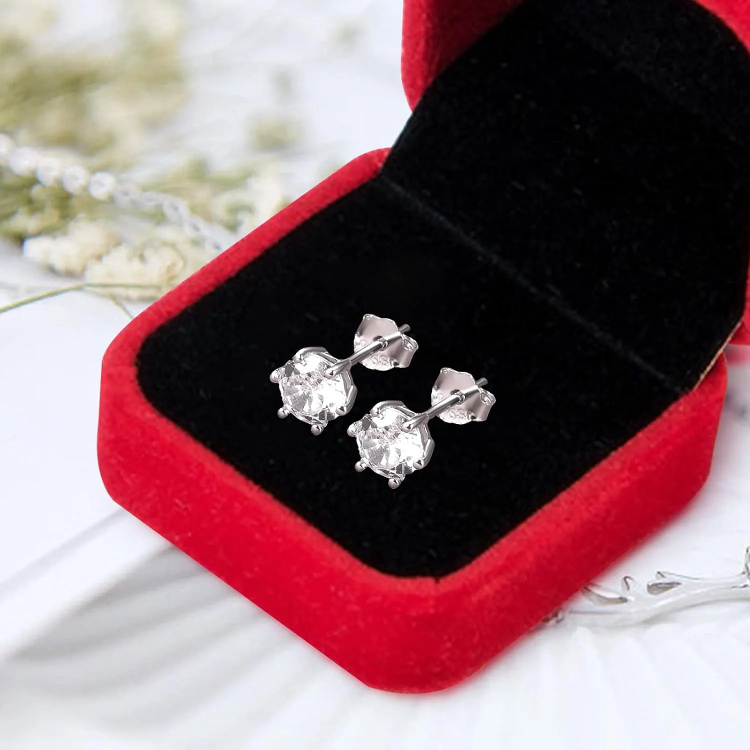 925 Sterling Silver Natural Zircon Diamond Round Stud Earrings for Men Women Birthday Anniversar (4mm)