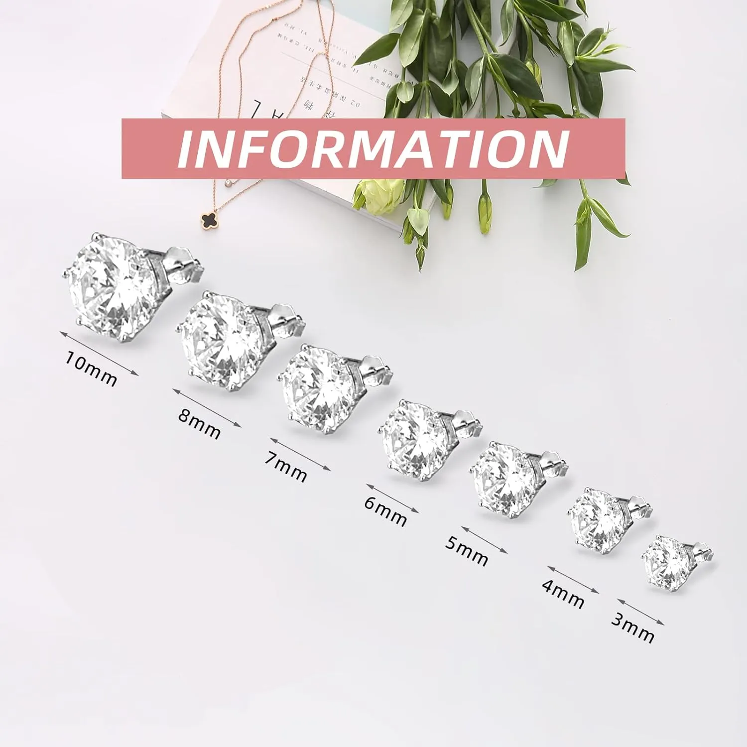925 Sterling Silver Natural Zircon Diamond Round Stud Earrings for Men Women Birthday Anniversar (4mm)