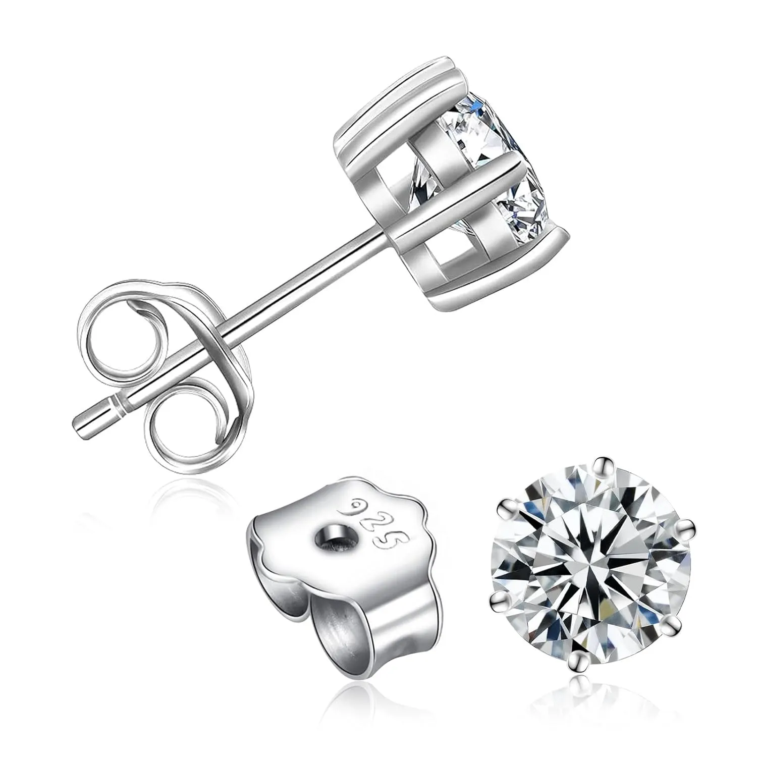 925 Sterling Silver Natural Zircon Diamond Round Stud Earrings for Men Women Birthday Anniversar (4mm)