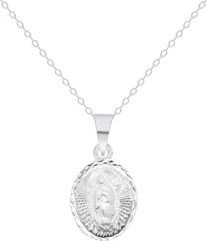 925 Sterling Silver Virgin of Guadalupe Small Oval Pendant Charm Necklace with 18" Rolo Chain