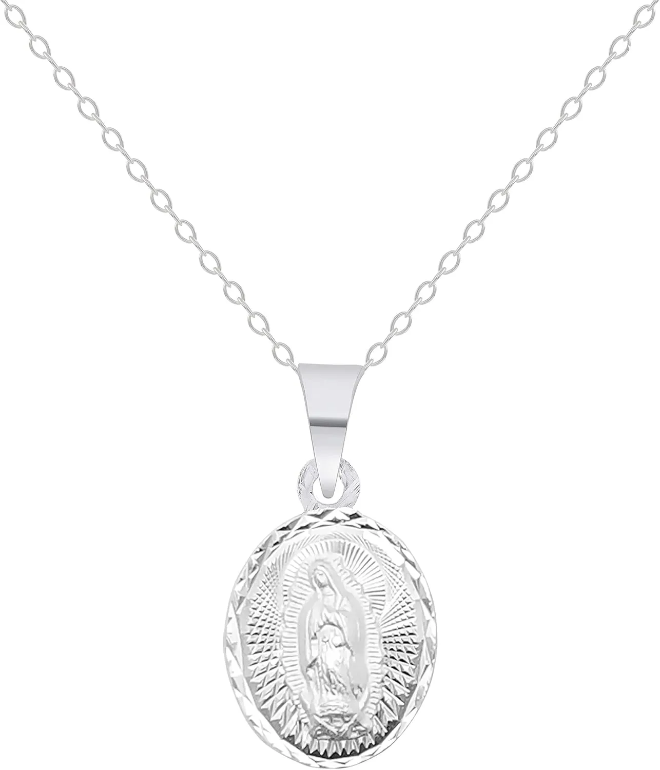 925 Sterling Silver Virgin of Guadalupe Small Oval Pendant Charm Necklace with 18" Rolo Chain