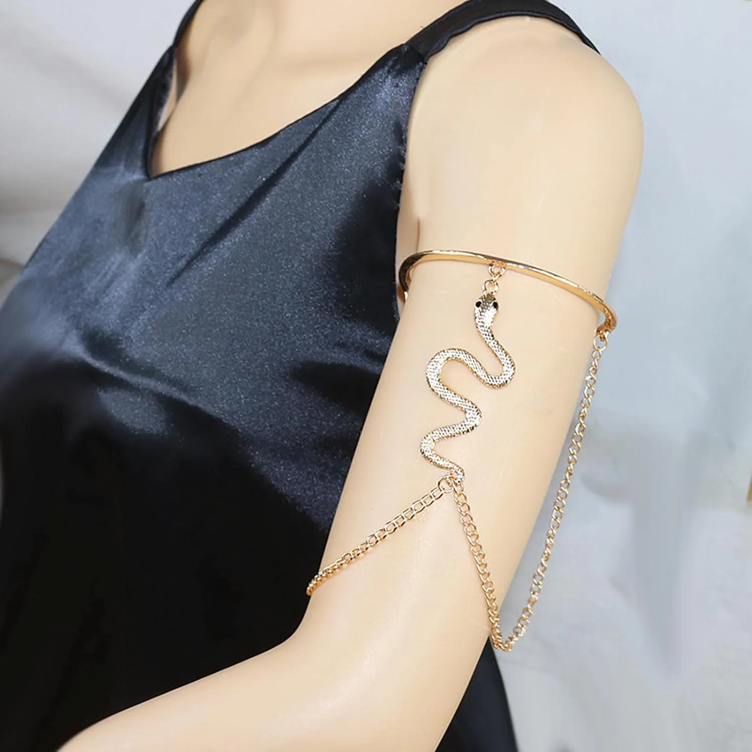 Adjustable Punk Crystal Snake Upper Arm Cuff Open Arm Band Bracelet Gold Plated Boho Chain Tassel Armlet Armband Bangle Jewellery Accessories for Women