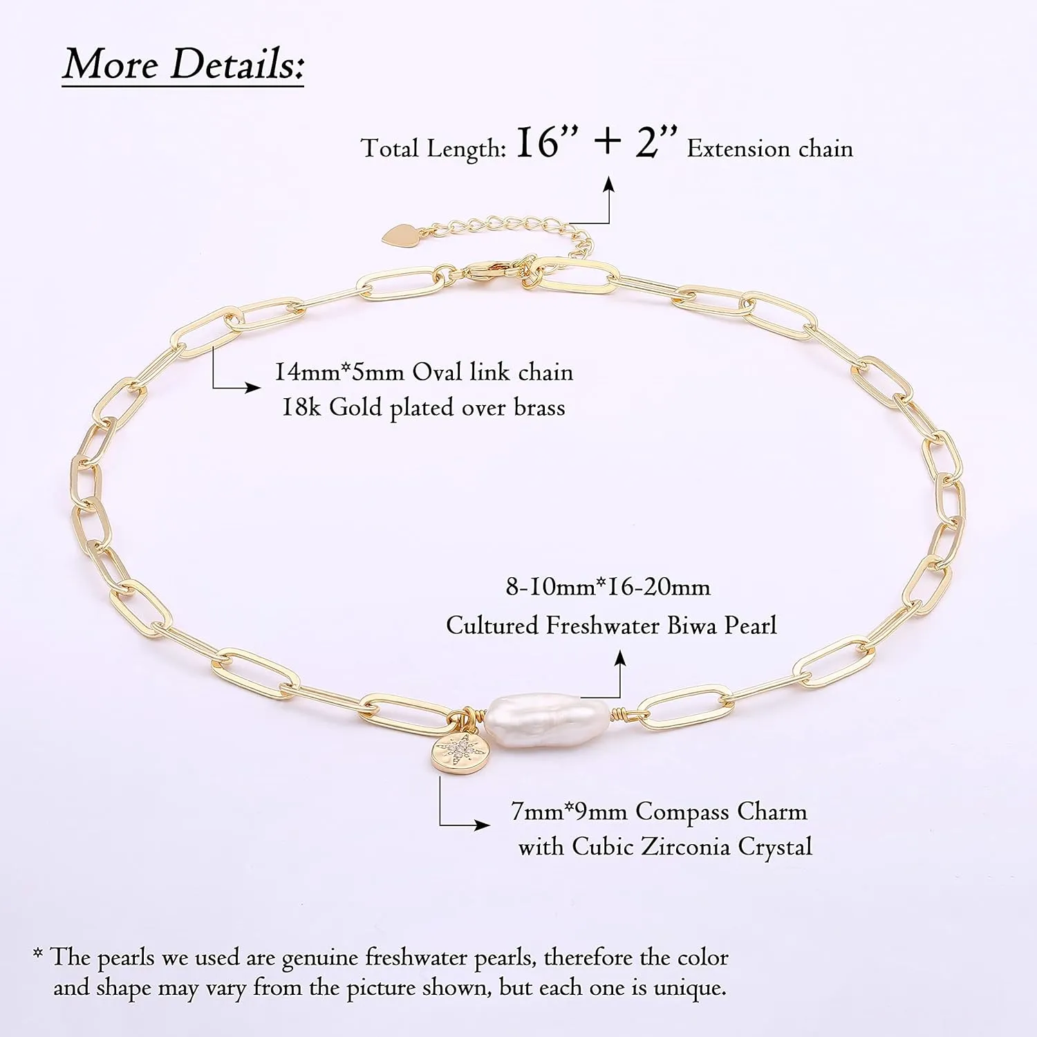 Aobei Pearl 18K Gold Paperclip Chain Choker Satellite Chain Biwa Pearl Pendant Necklace Dainty Jewelry for Women