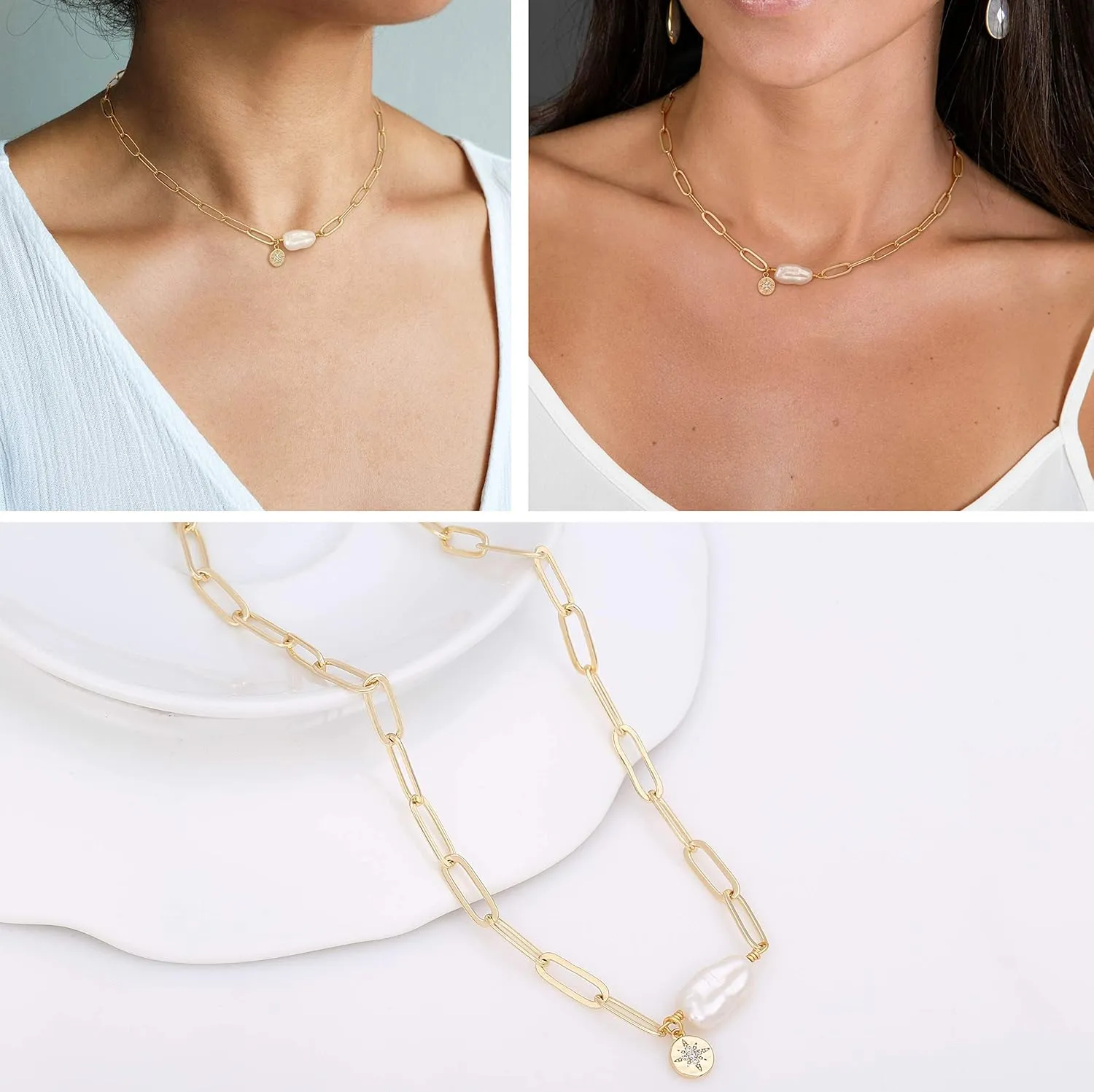 Aobei Pearl 18K Gold Paperclip Chain Choker Satellite Chain Biwa Pearl Pendant Necklace Dainty Jewelry for Women
