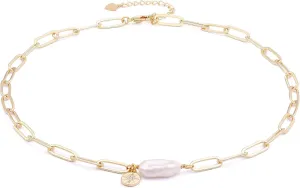 Aobei Pearl 18K Gold Paperclip Chain Choker Satellite Chain Biwa Pearl Pendant Necklace Dainty Jewelry for Women