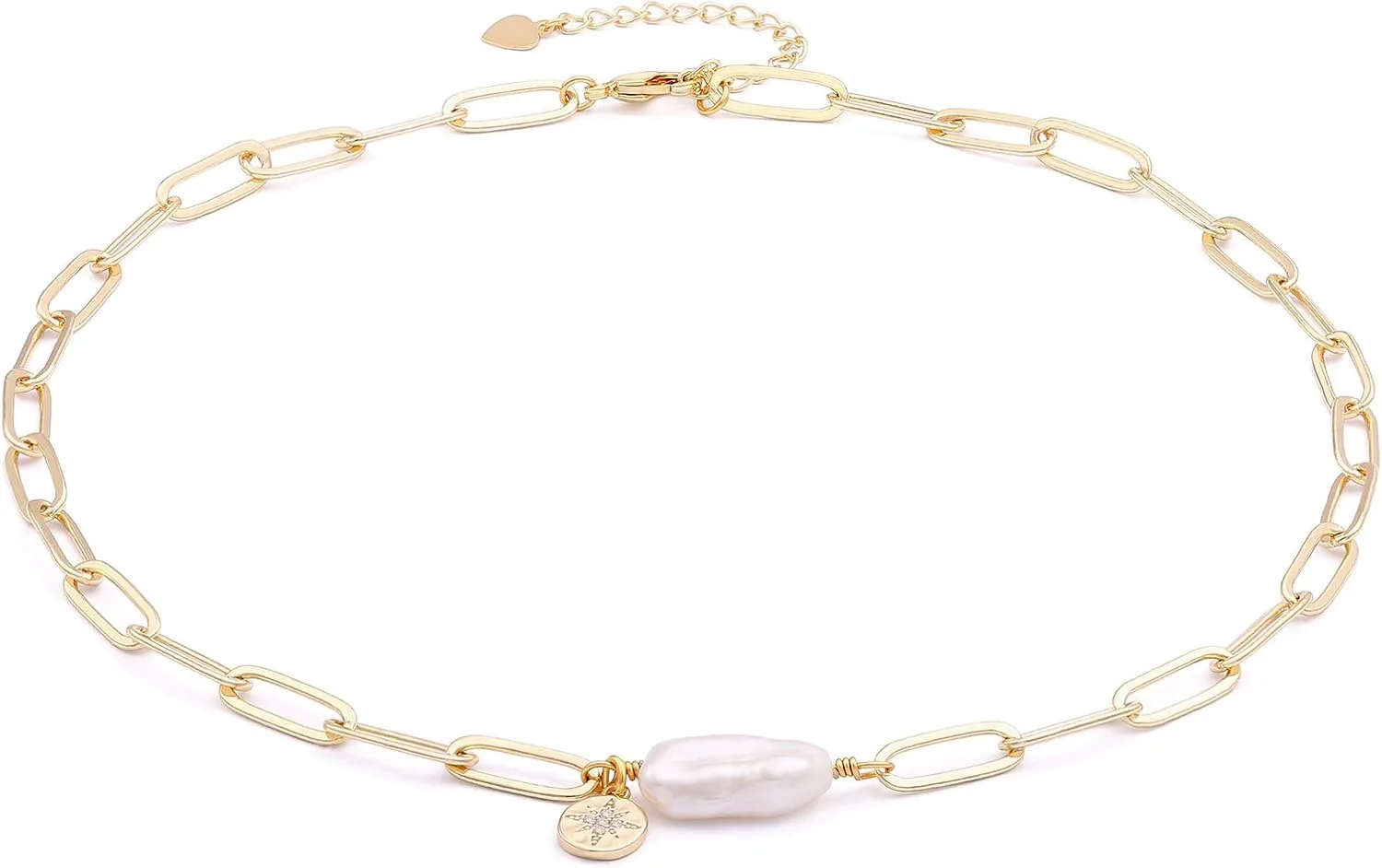 Aobei Pearl 18K Gold Paperclip Chain Choker Satellite Chain Biwa Pearl Pendant Necklace Dainty Jewelry for Women