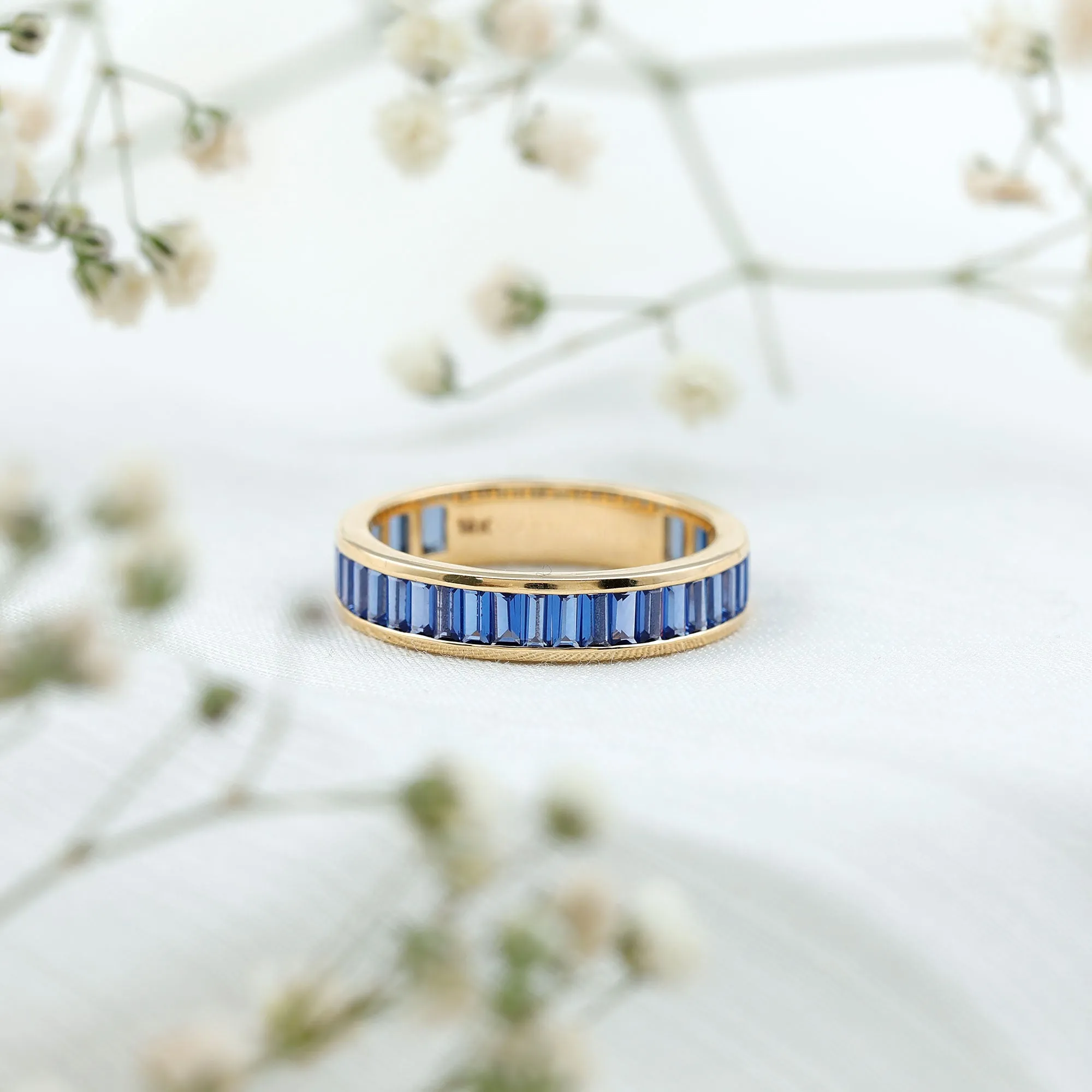 Baguette Cut Created Blue Sapphire Semi Eternity Ring in Channel Setting