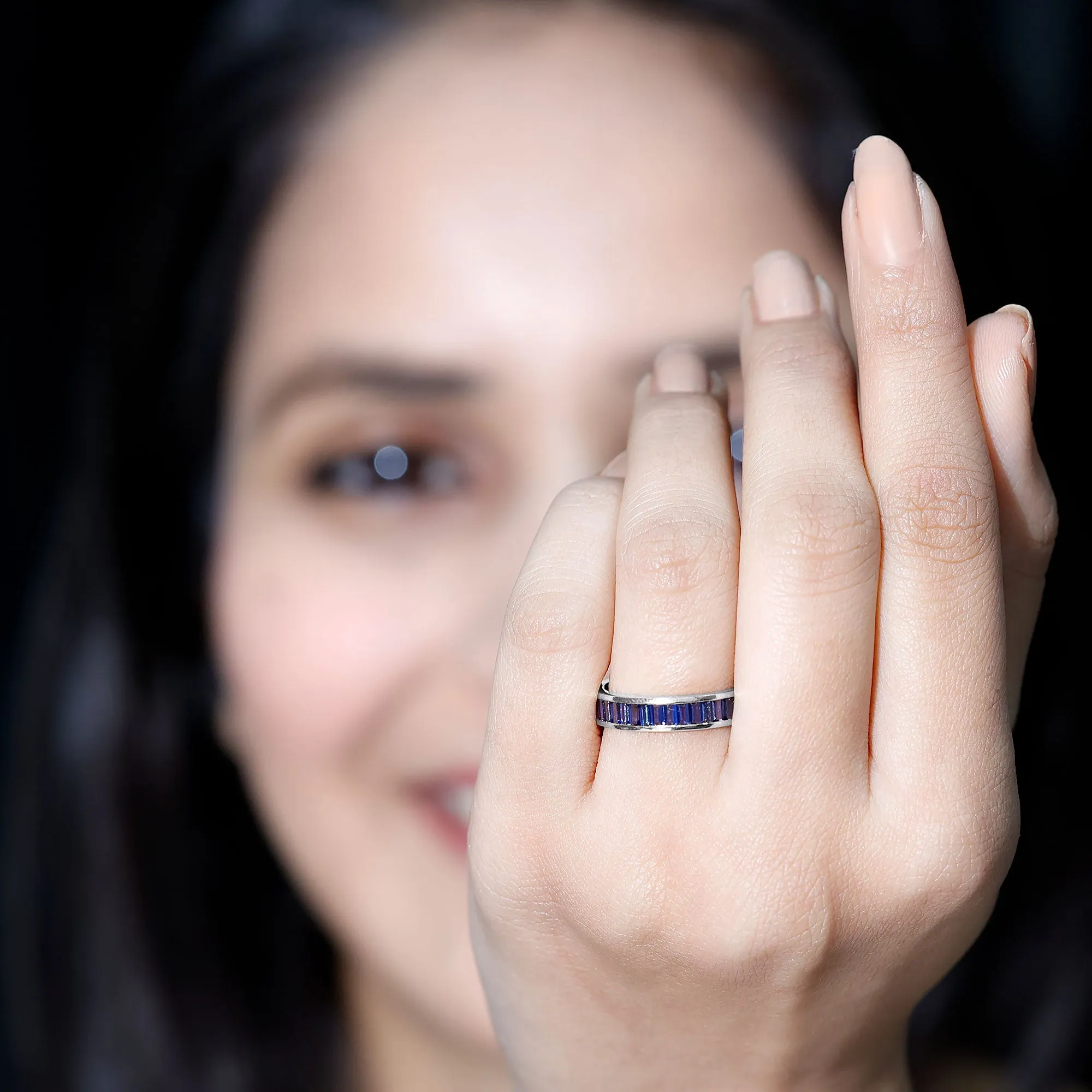 Baguette Cut Created Blue Sapphire Semi Eternity Ring in Channel Setting