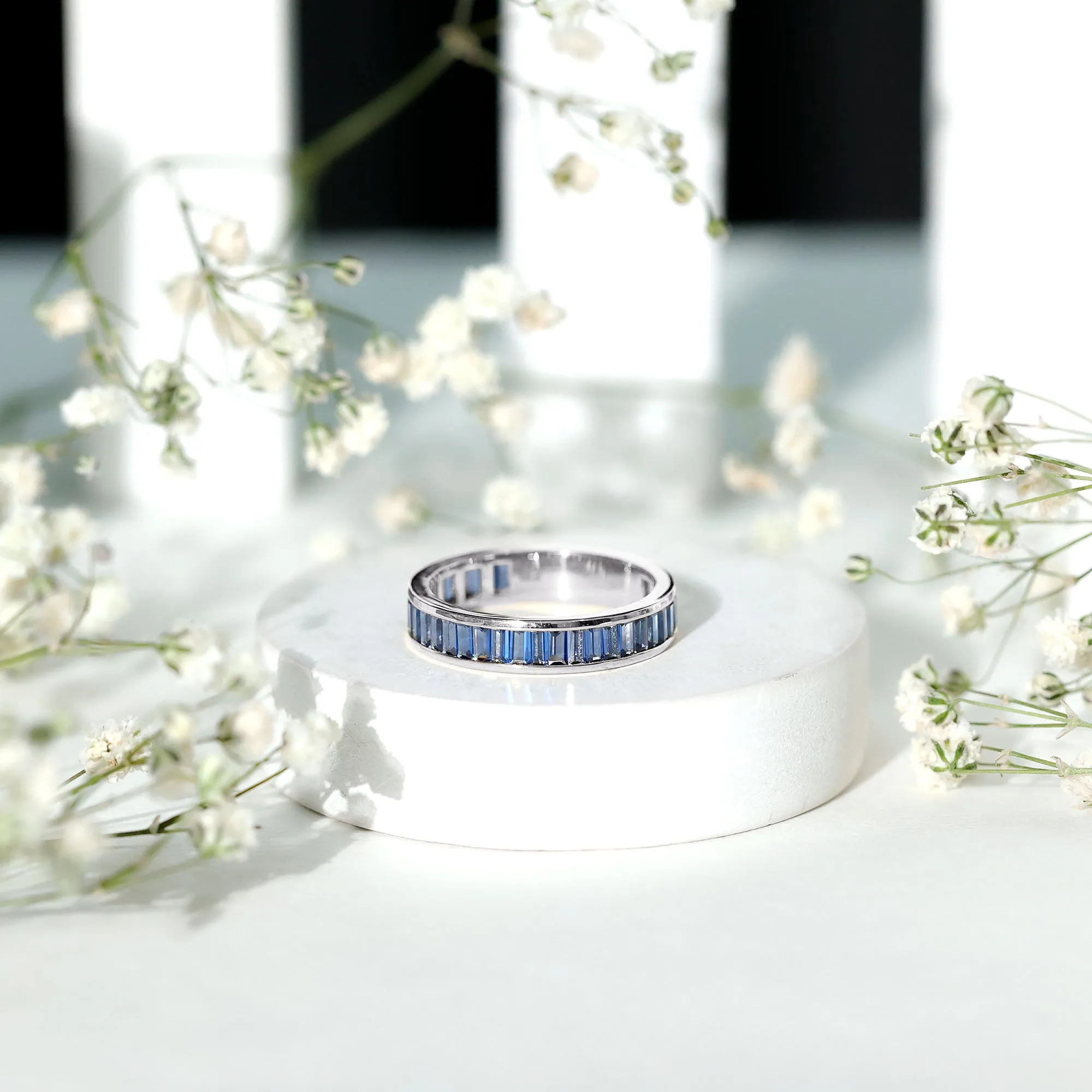 Baguette Cut Created Blue Sapphire Semi Eternity Ring in Channel Setting