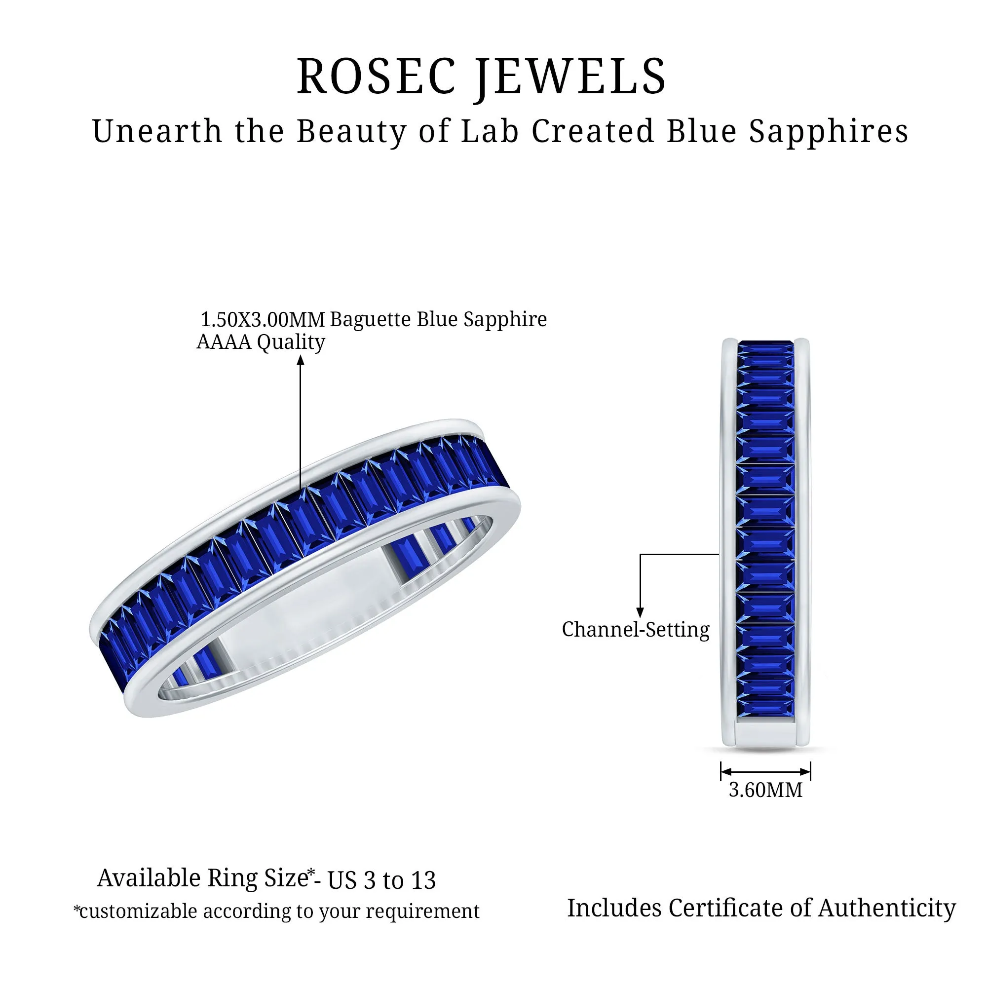 Baguette Cut Created Blue Sapphire Semi Eternity Ring in Channel Setting