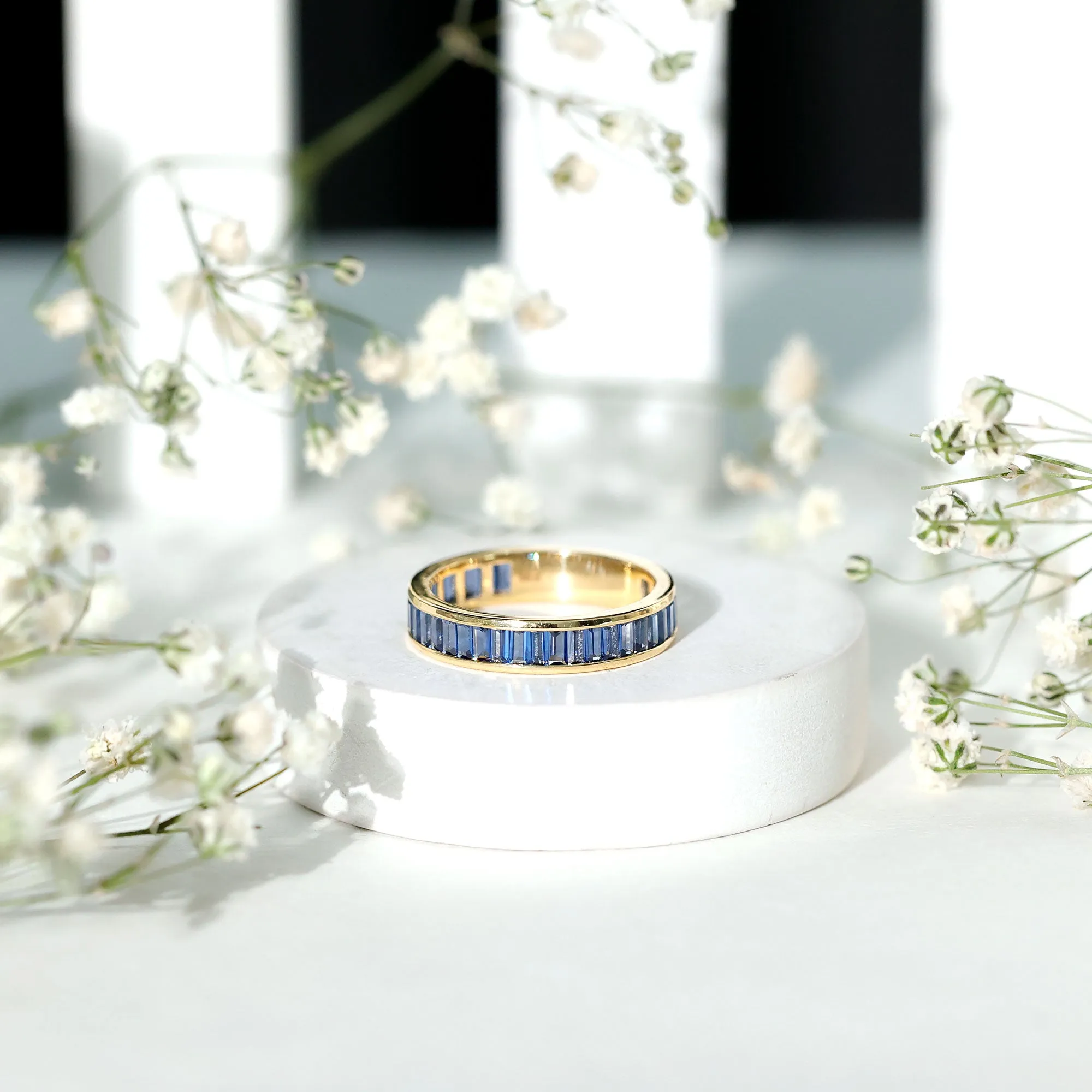 Baguette Cut Created Blue Sapphire Semi Eternity Ring in Channel Setting