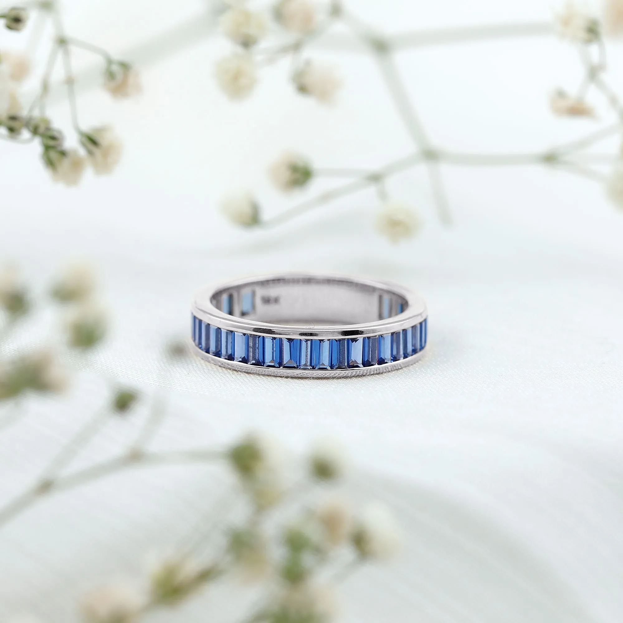 Baguette Cut Created Blue Sapphire Semi Eternity Ring in Channel Setting