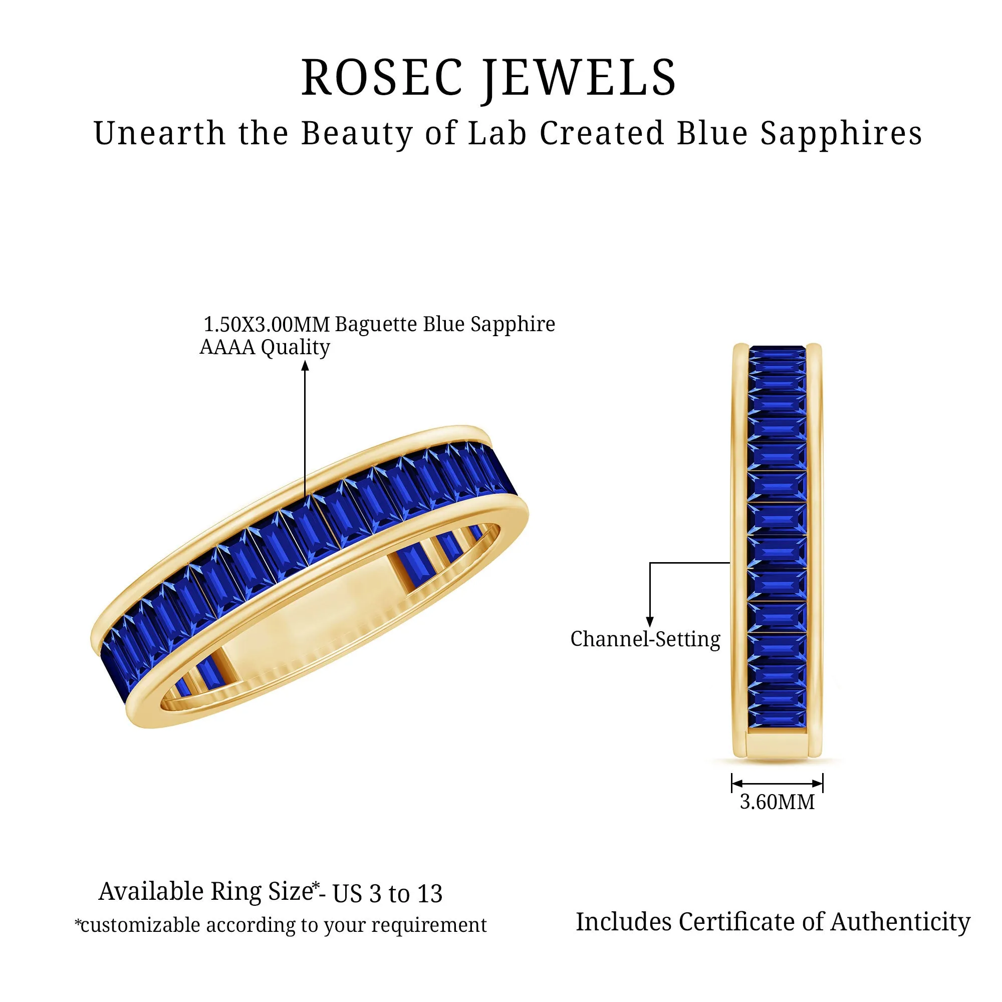 Baguette Cut Created Blue Sapphire Semi Eternity Ring in Channel Setting