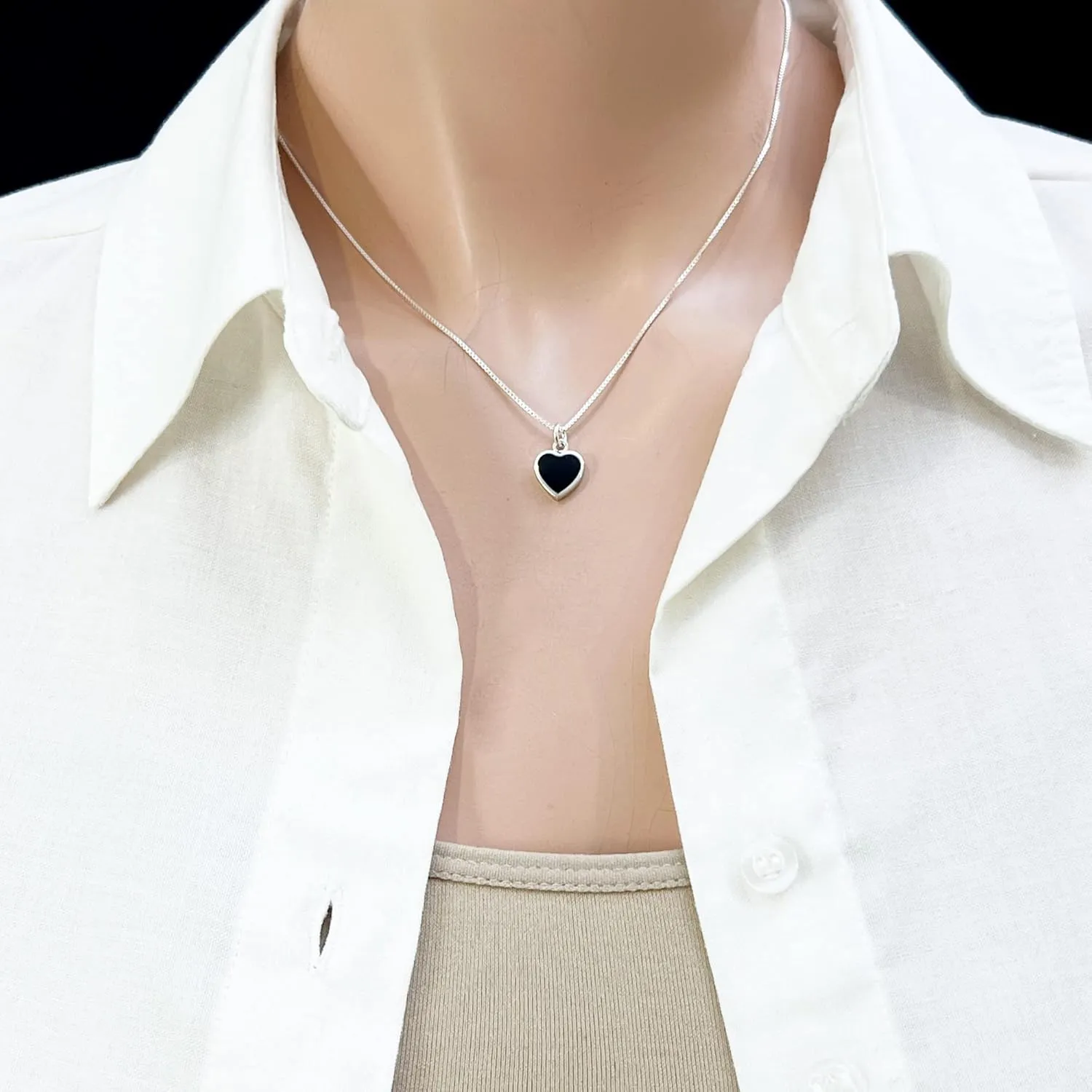 Black Heart Necklace, Tiny and Dainty Sterling Silver Black Onyx Heart Necklace for Women, Black Onyx Pendant Necklace, Layering Necklace (black onyx heart necklace, 20 inches)