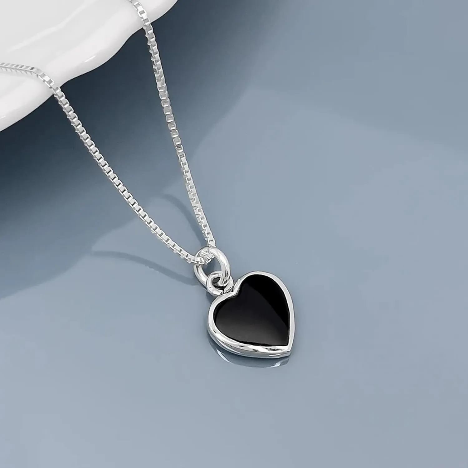 Black Heart Necklace, Tiny and Dainty Sterling Silver Black Onyx Heart Necklace for Women, Black Onyx Pendant Necklace, Layering Necklace (black onyx heart necklace, 20 inches)