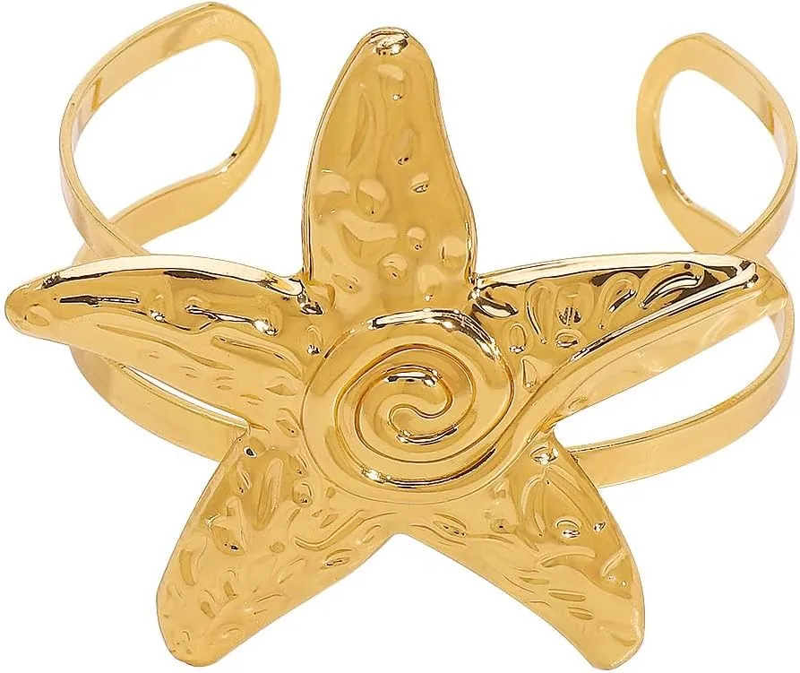 Blue Drop Arm Cuff for Women Starfish Shell Bracelet Gold Plated Cuff Bangle Adjustable Arm Cuff Jewelry Holiday Summer Beach Accessories