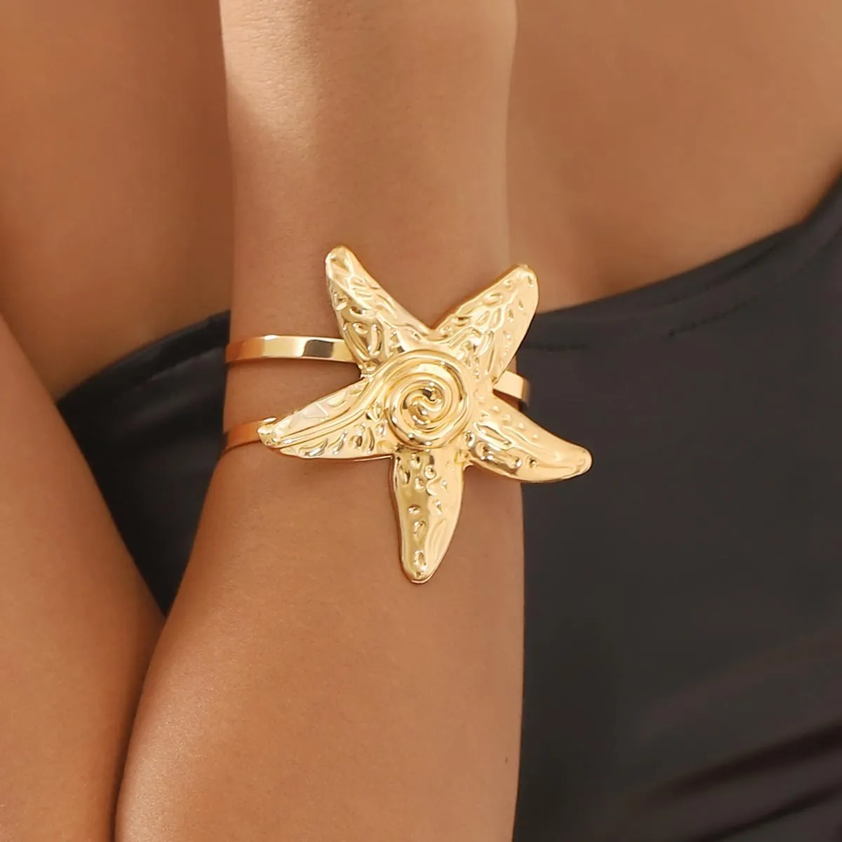 Blue Drop Arm Cuff for Women Starfish Shell Bracelet Gold Plated Cuff Bangle Adjustable Arm Cuff Jewelry Holiday Summer Beach Accessories