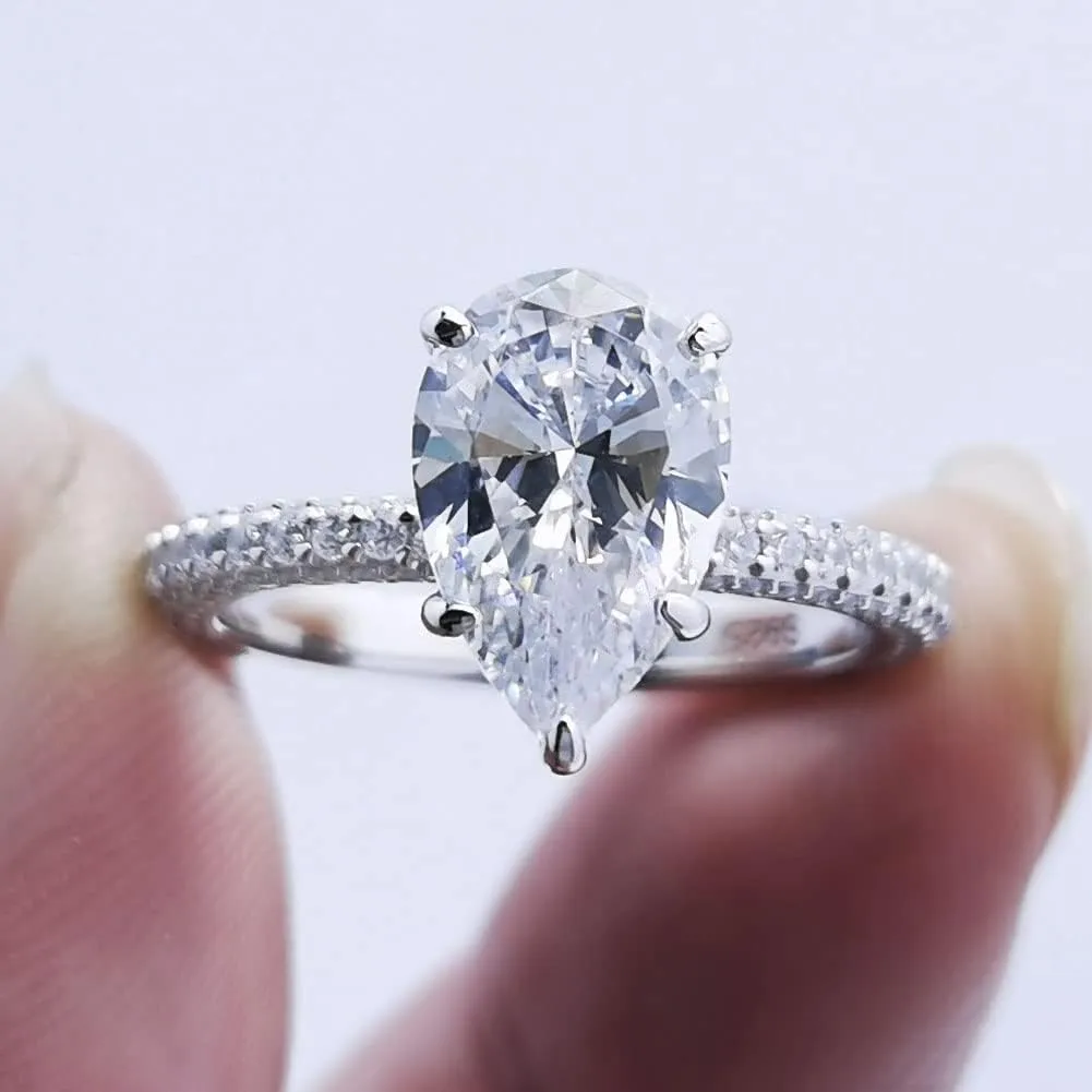 Bo.Dream 2ct/3ct Pear Shaped Cubic Zirconia CZ Engagement Rings Platinum Plated Sterling Silver