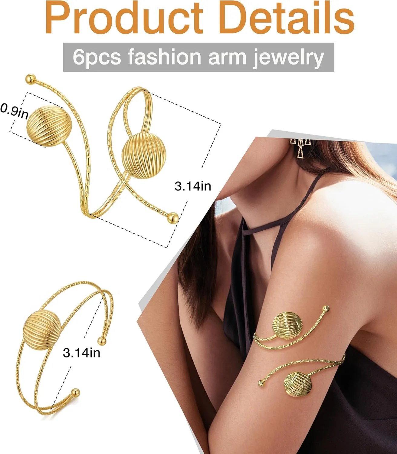 BOMAIL 6Pcs Gold Arm Cuff Bracelets for Women Open Upper Arm Bangle Adjustable Coil Swirl Armlet Armband Set Minimalist Arm Bracelet Upper Arm Cuff Jewelry