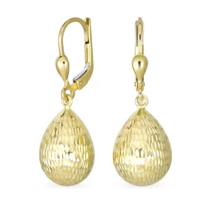 Classic Real 14K Yellow Gold Diamond-Cut Teardrop Drop Dangle Earrings