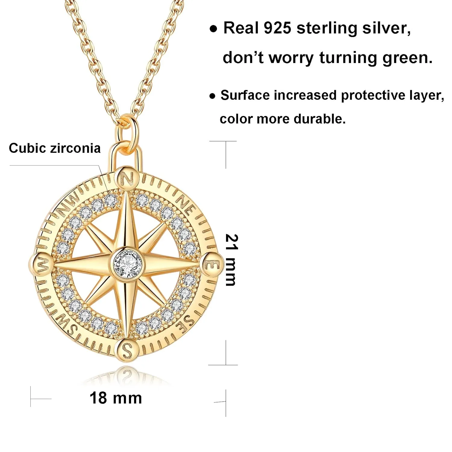Compass Pendant Necklace for Women - 925 Sterling Silver Necklace with Cubic Zircon, Gold and White Gold Plated Compass Necklace, Inspirational and Graduation Gifts for Her (Gold Plated)