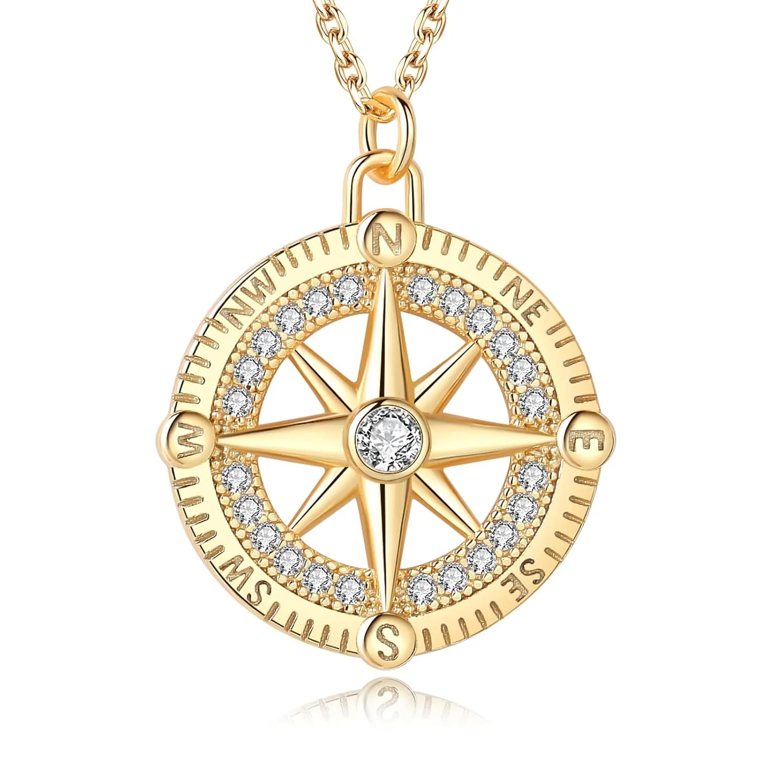 Compass Pendant Necklace for Women - 925 Sterling Silver Necklace with Cubic Zircon, Gold and White Gold Plated Compass Necklace, Inspirational and Graduation Gifts for Her (Gold Plated)