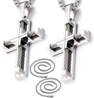Cross Necklace for Men Stainless Steel Personalized Men's Cross Necklace, 316L Stainless Steel Large Jesus Silver/Gold Cross Pendant, Men Jewelry Rolo Chain for 24'' (Silver 2.4'')