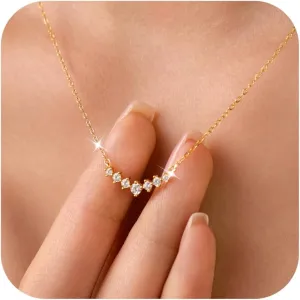 CZ Curved Bar Pendant Necklace for Women 925 Sterling Silver Cubic Zirconia Pendant for Mother 14K Gold Plated V Shaped Charm Necklace for Mother Daughter Wedding Graduation Gift