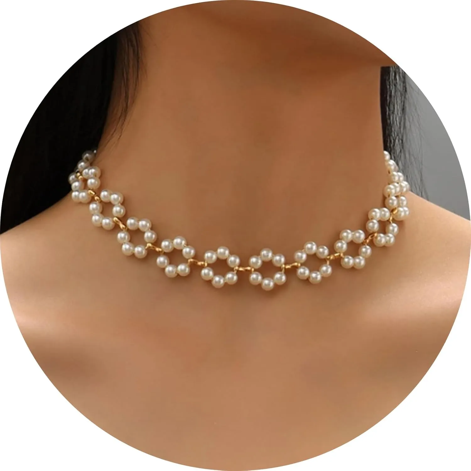 Daisy Pearl Necklace, 14K Gold Plated Dainty Pearl Choker Necklace for Women,Handmade Trendy Flower Necklace as Daisy Present and Bride Bridesmaid Birthday Wedding Gifts